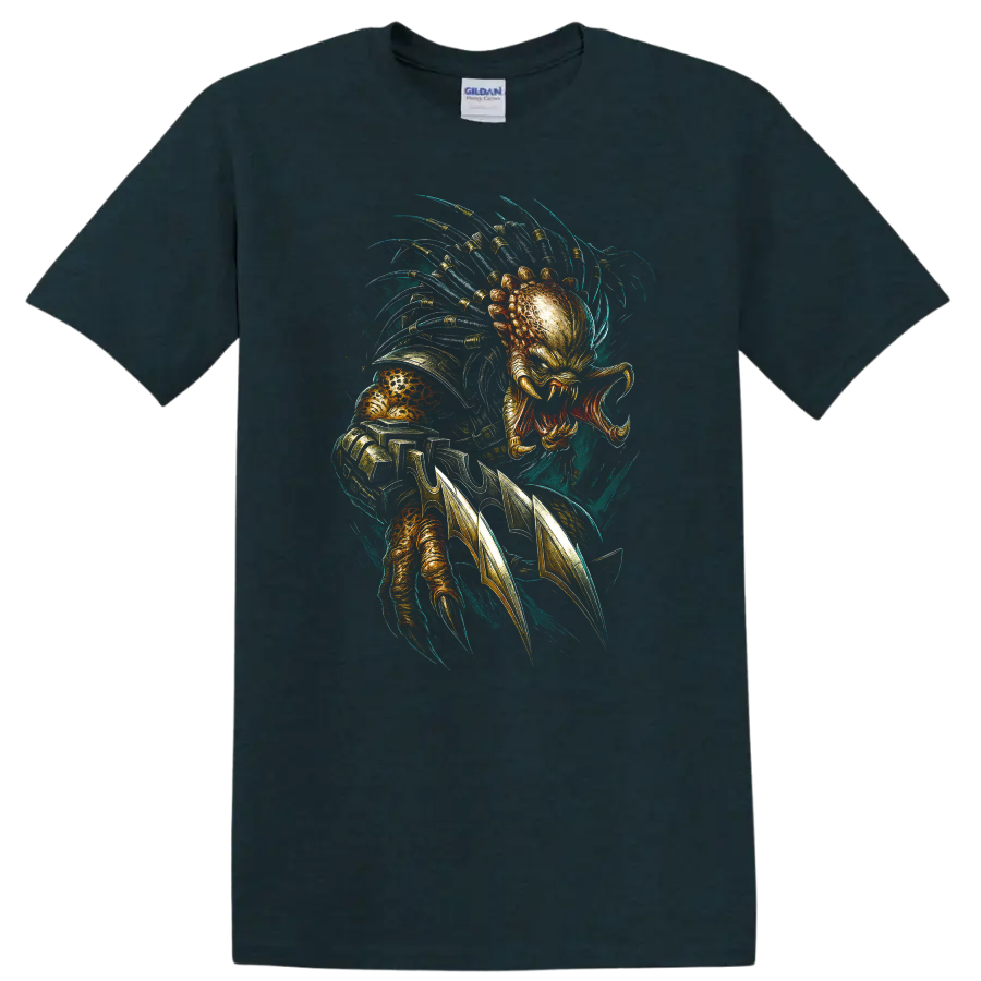 Predator-inspired alien hunter graphic with claws, armor detail, and dramatic sci-fi design on on a Midnight (Green) T Shirt