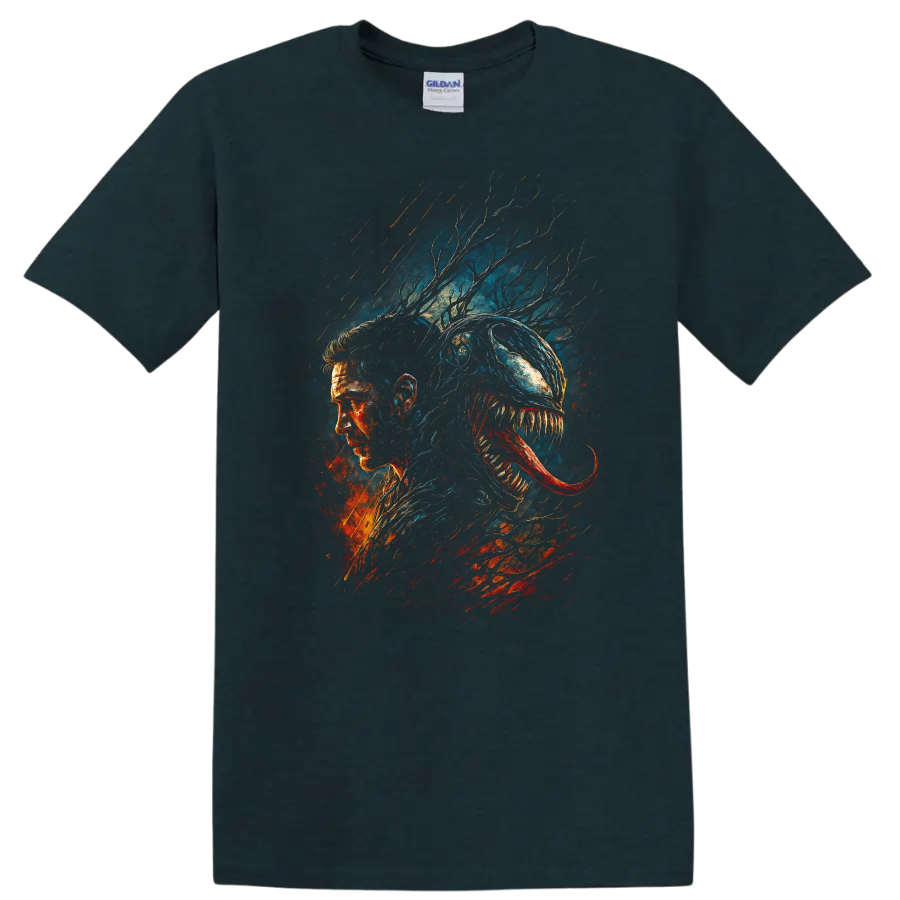 Venom-inspired symbiote portrait graphic T-shirt with dark comic style on a Midnight (Green) T Shirt
