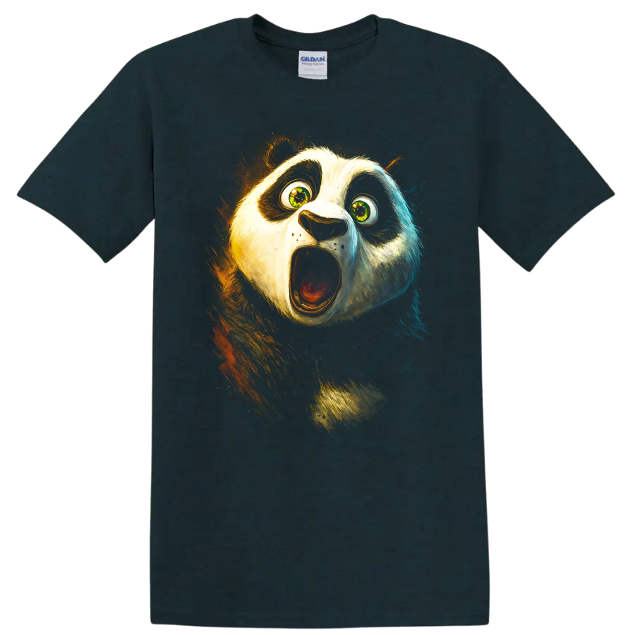 Shocked panda face graphic with wide eyes and open mouth on black T shirt on a Midnight (Green) T Shirt