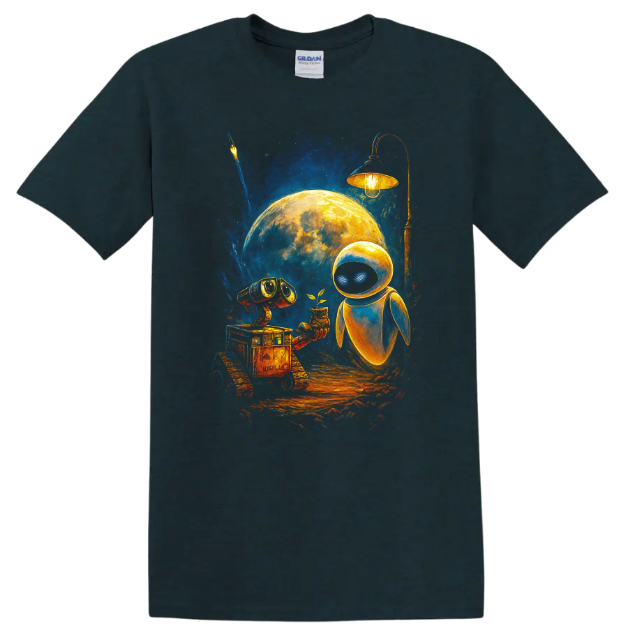 WALL-E and EVE moonlight sci fi artwork with glowing robot and plant T-shirt on a Midnight (Green) T Shirt