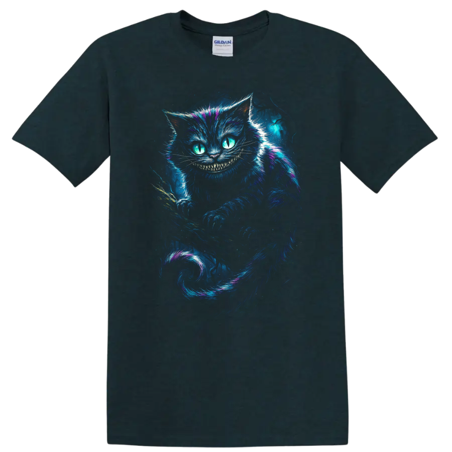 Glowing Cheshire Cat with neon grin and blue purple fantasy art T shirt on a Midnight (Green) T Shirt