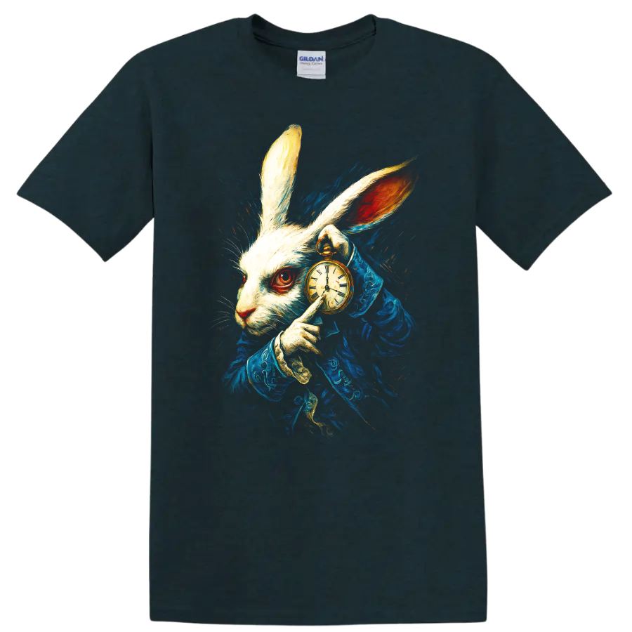 White Rabbit in blue coat holding a pocket watch, Alice in Wonderland style T shirt graphic on a Midnight (Green) T Shirt