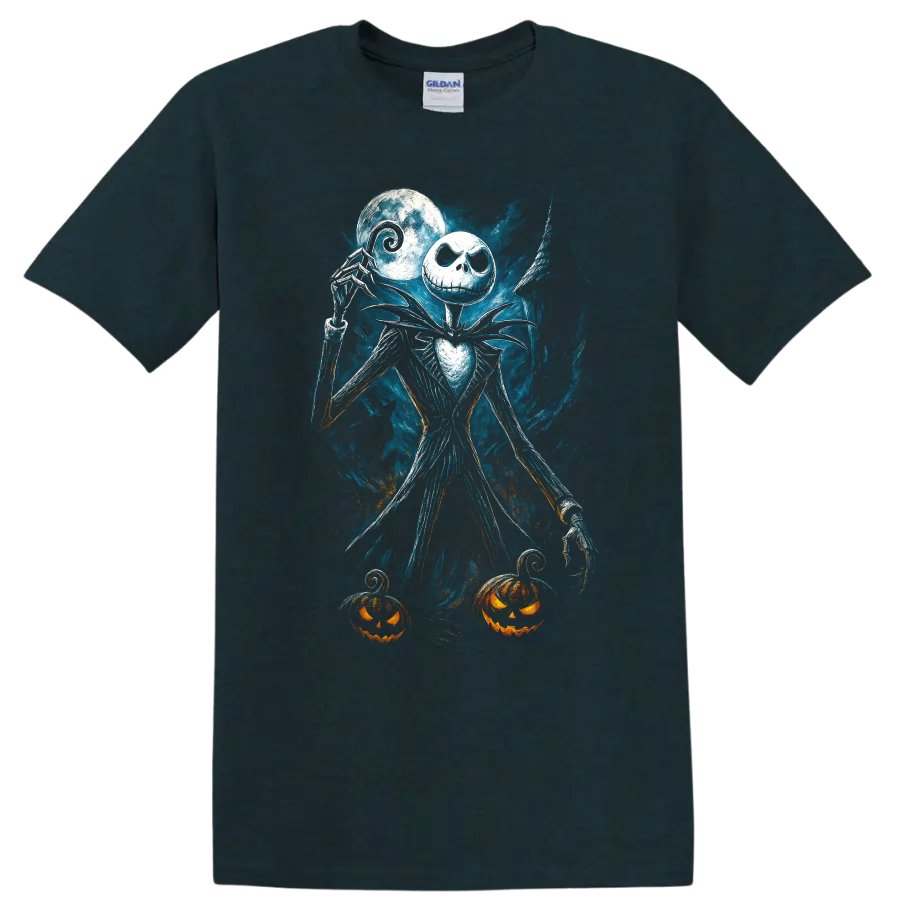 Jack Skellington-inspired gothic figure with moon and pumpkins T Shirt on a Midnight (Green) T Shirt