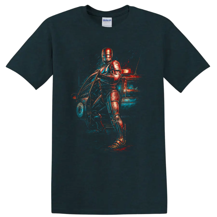 RoboCop neon sci fi artwork with armored police hero beside a car T shirt on a Midnight (Green) T Shirt