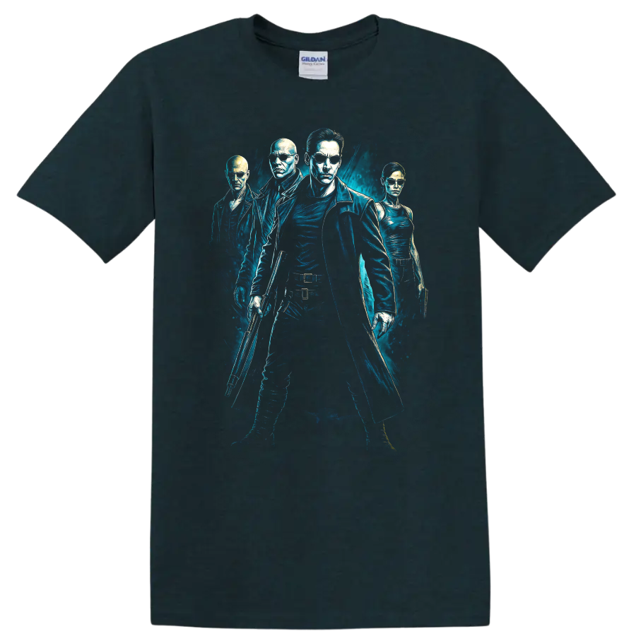 The Matrix inspired blue neon movie graphic T Shirt with four characters on a Midnight (Green) T Shirt