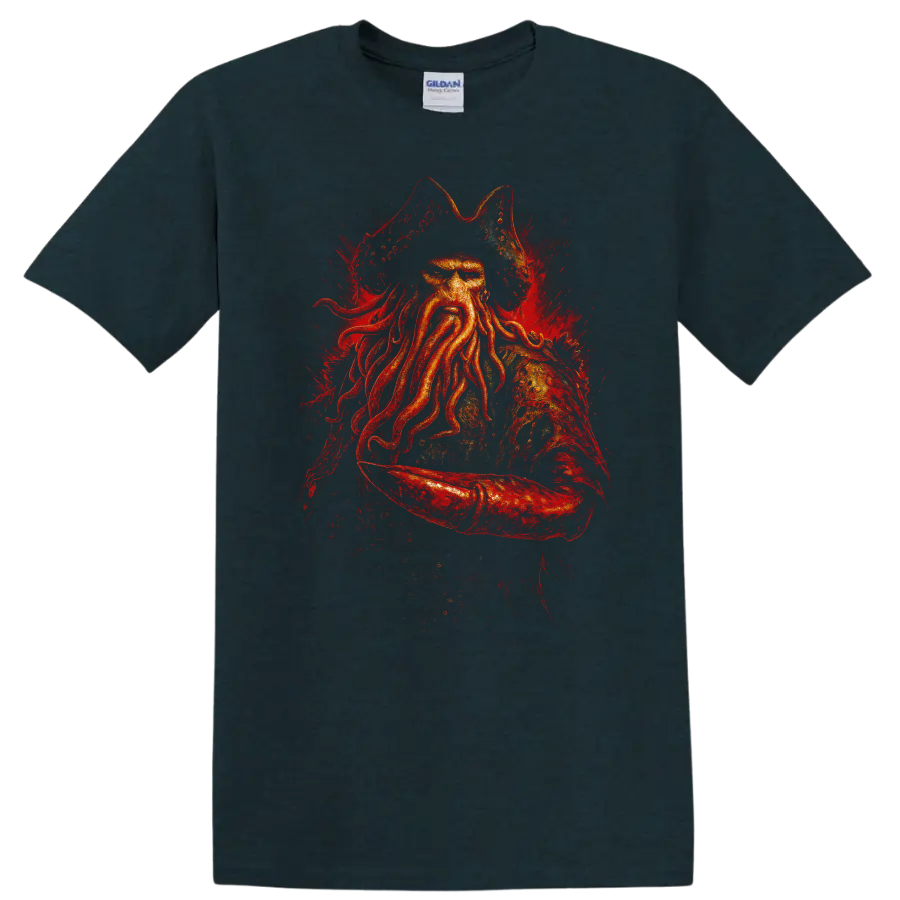 Pirate captain with octopus beard in fiery red dramatic graphic T Shirt design on a Midnight (Green) T Shirt