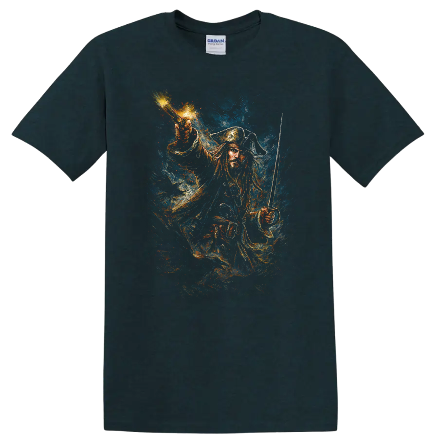 Pirate captain with raised sword in dramatic painted style, Pirates of the Caribbean T shirt on a Midnight (Green) T Shirt