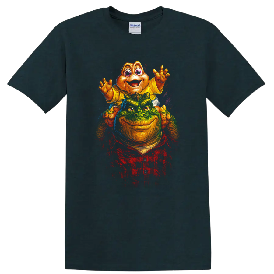 Colorful dinosaur movie monster artwork with two characters on a T shirt on a Midnight (Green) T Shirt