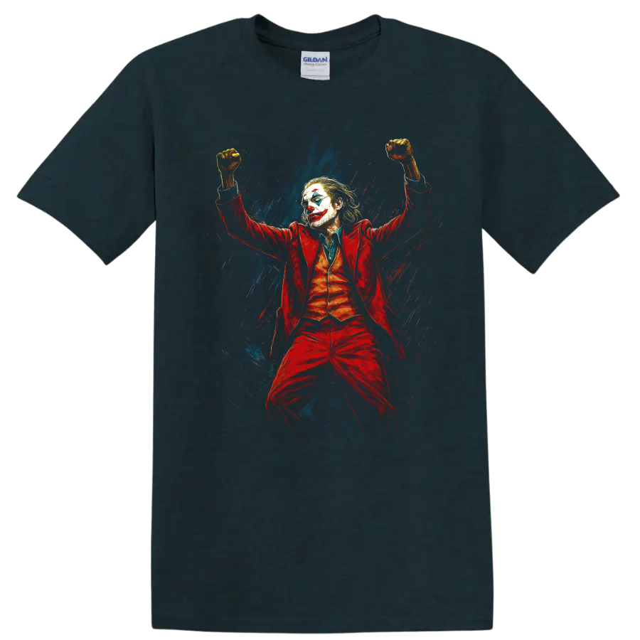 Joker-inspired clown villain in red suit with raised fists, painted dark comic style graphic T on a Midnight (Green) T Shirt