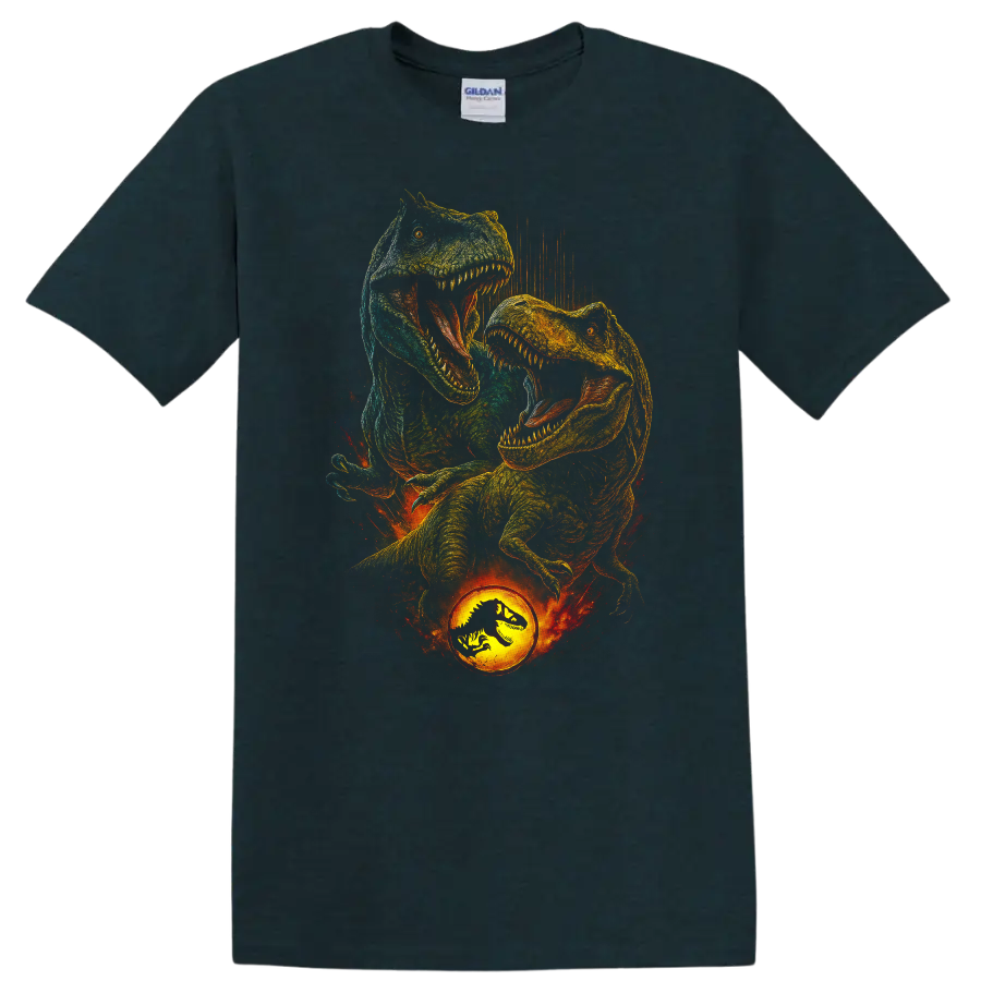 Roaring T Rex dinosaur graphic with fiery Jurassic World inspired style on T shirt on a Midnight (Green) T Shirt