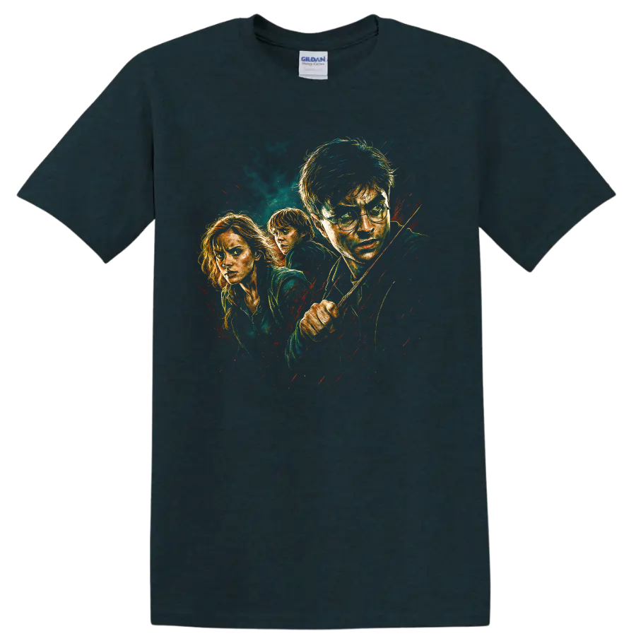 Harry Potter trio portrait movie-style graphic T shirt with dark fantasy painted artwork on a Midnight (Green) T Shirt