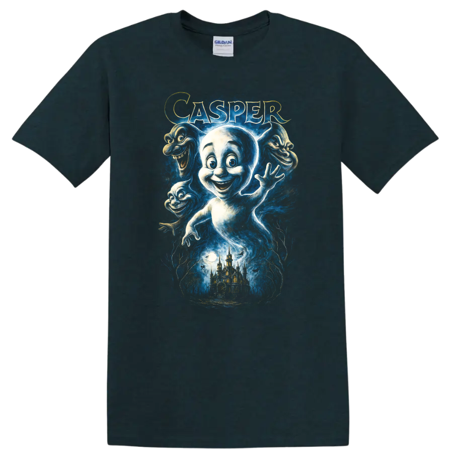 Casper ghost character graphic with spooky castle and haunted blue artwork T Shirt on a Midnight (Green) T Shirt