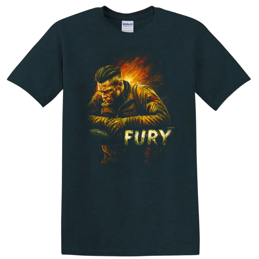 Fury-inspired fiery portrait graphic T Shirt with distressed cinematic style on a Midnight (Green) T Shirt