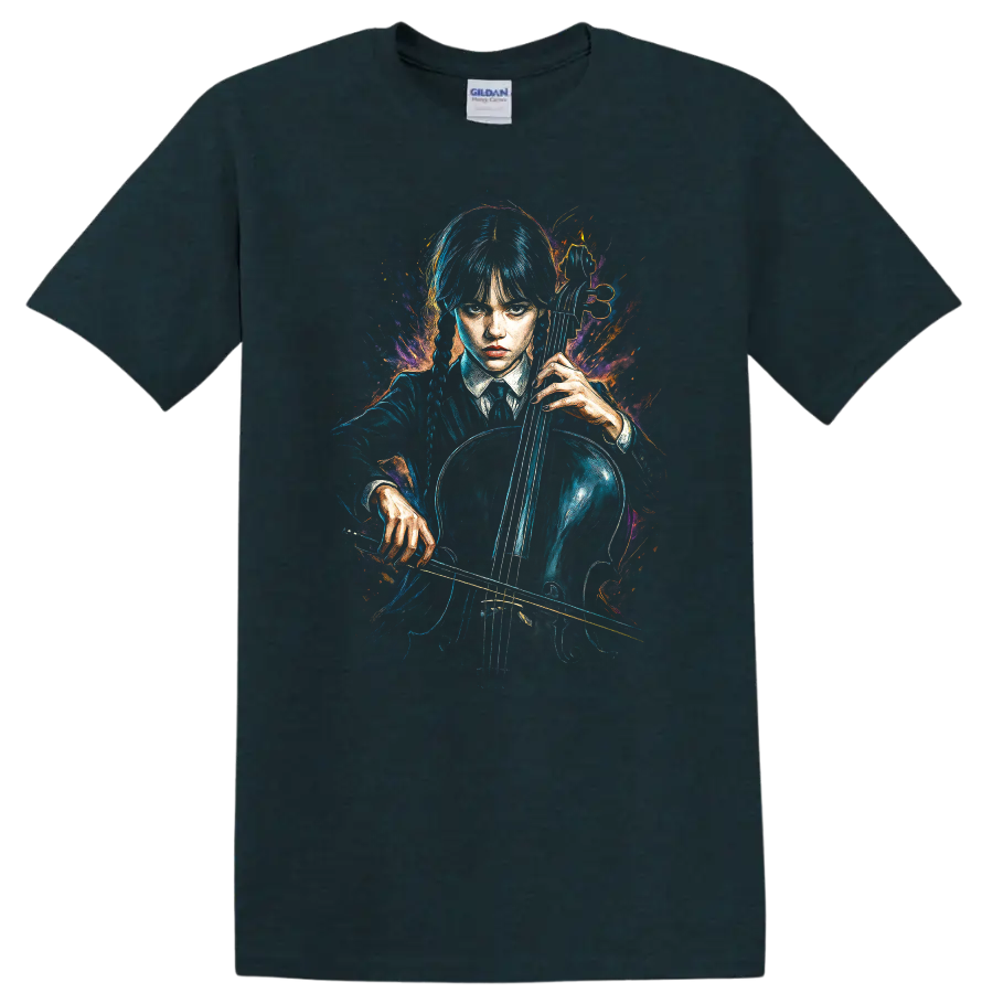 Wednesday Addams holding a cello in neon gothic painted style T Shirt on a Midnight (Green) T Shirt