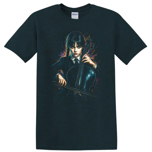 Wednesday Addams holding a cello in neon gothic painted style T Shirt on a Midnight (Green) T Shirt