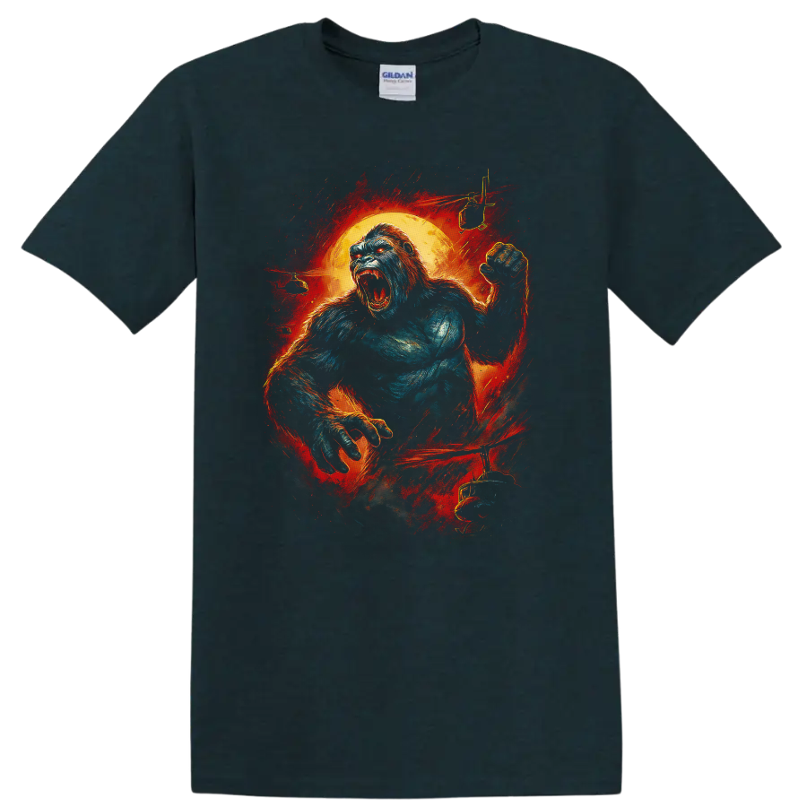 Roaring King Kong-style gorilla graphic with fiery red orange background T shirt on a Midnight (Green) T Shirt