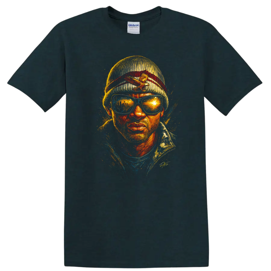 Hancock inspired painted portrait with sunglasses and beanie on black T shirt on a Midnight (Green) T Shirt