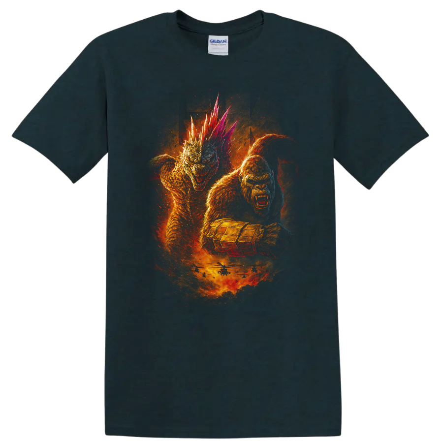 Godzilla x Kong: The New Empire monster battle graphic T Shirt with fiery creature artwork on a Midnight (Green) T Shirt