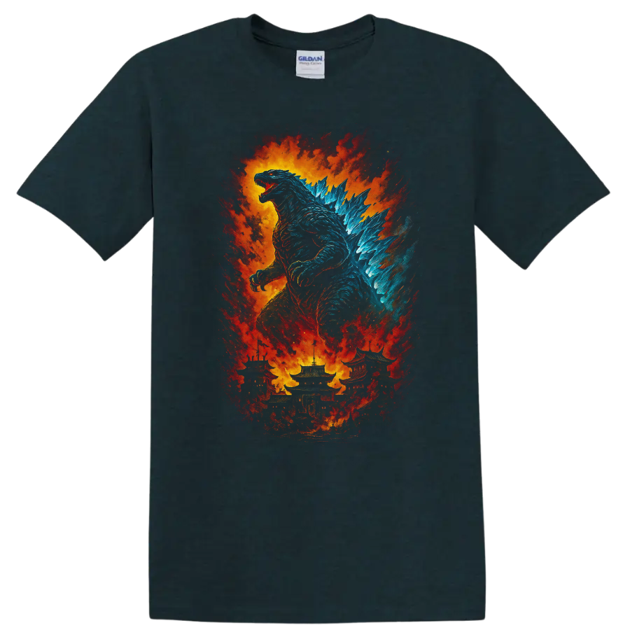 Godzilla vs. Destoroyah fiery kaiju artwork with Godzilla and explosion T Shirt on a Midnight (Green) T Shirt