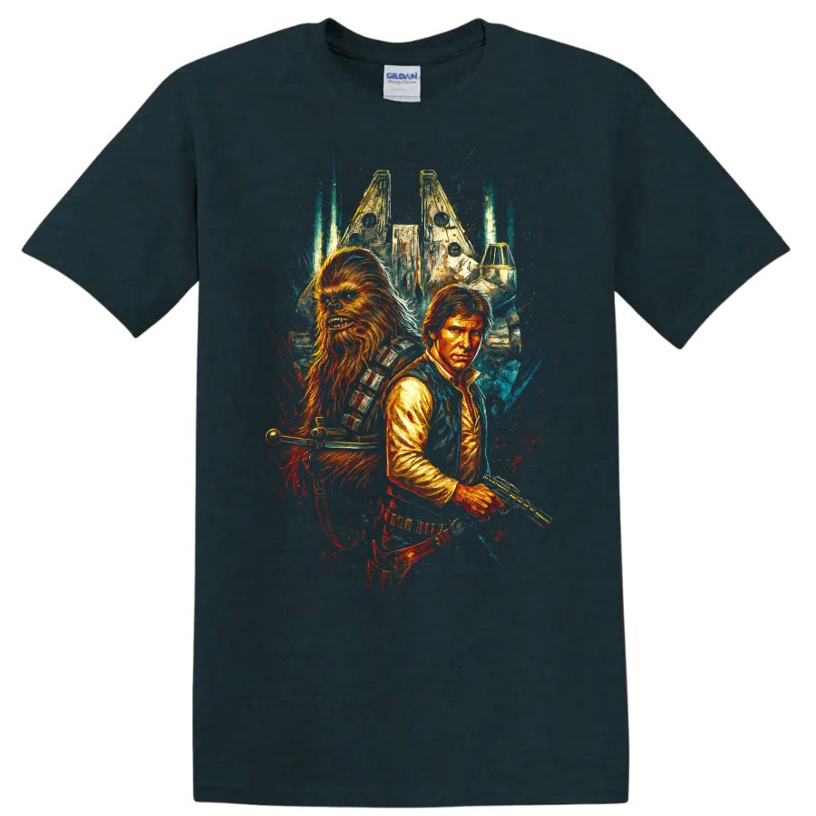 Illustrated space scoundrels duo with starship, cinematic graphic T-shirt design on a Midnight (Green) T Shirt
