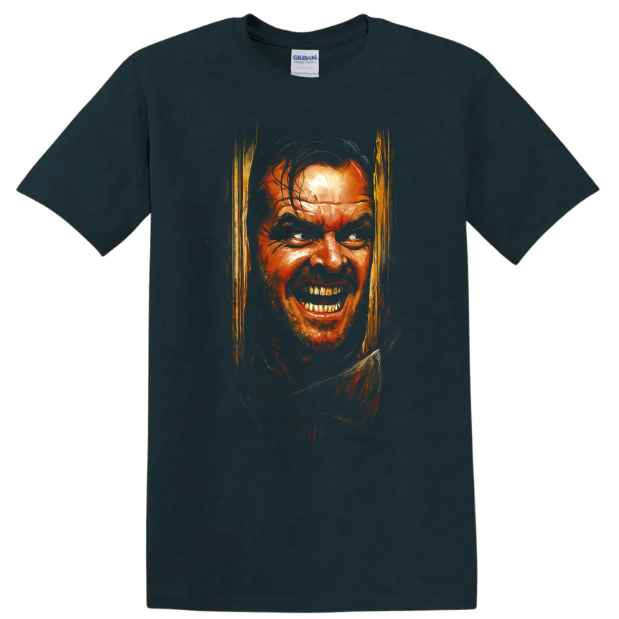 The Shining horror portrait with intense painted face artwork on a T shirt on a Midnight (Green) T Shirt