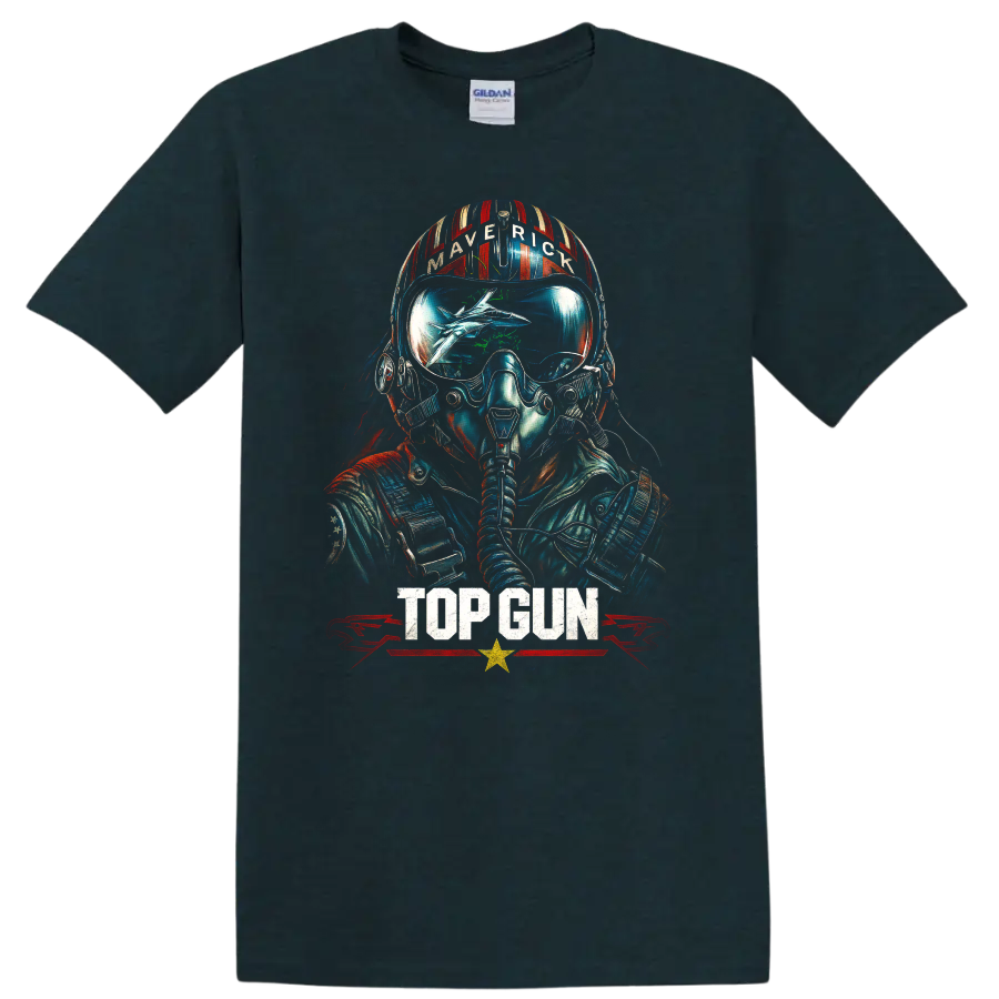 Top Gun Maverick fighter pilot helmet graphic T shirt with TOP GUN text on a Midnight (Green) T Shirt