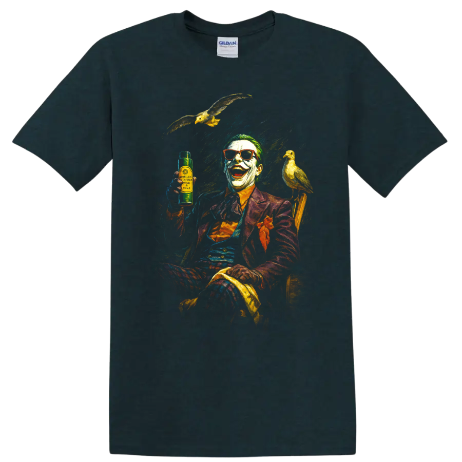 Joker inspired laughing clown artwork with birds on a black T-shirt on a Midnight (Green) T Shirt