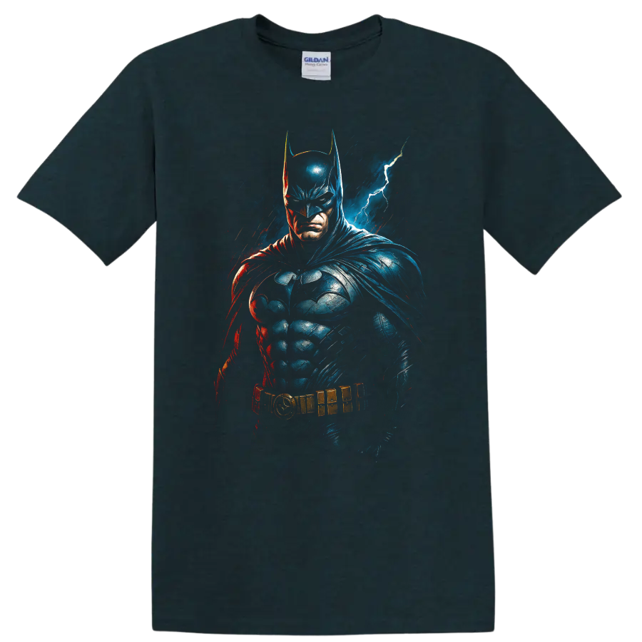 Batman comic art portrait with lightning and dramatic blue red shadows on T shirt on a Midnight (Green) T Shirt