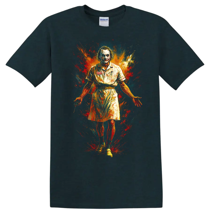 Joker-inspired graffiti portrait T Shirt with explosive red orange paint splashes on a Midnight (Green) T Shirt