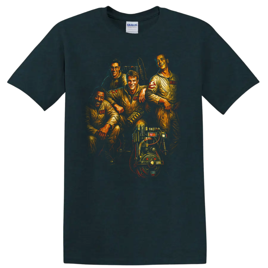 Ghostbusters team portrait with ghostbusting gear on a T shirt on a Midnight (Green) T Shirt