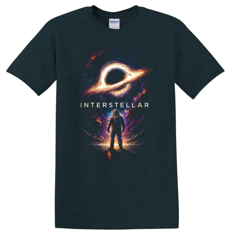 Interstellar astronaut standing beneath glowing black hole cosmic artwork T Shirt on a Midnight (Green) T Shirt