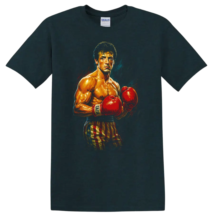 Rocky-inspired boxer portrait with red gloves and American flag shorts on a T shirt on a Midnight (Green) T Shirt