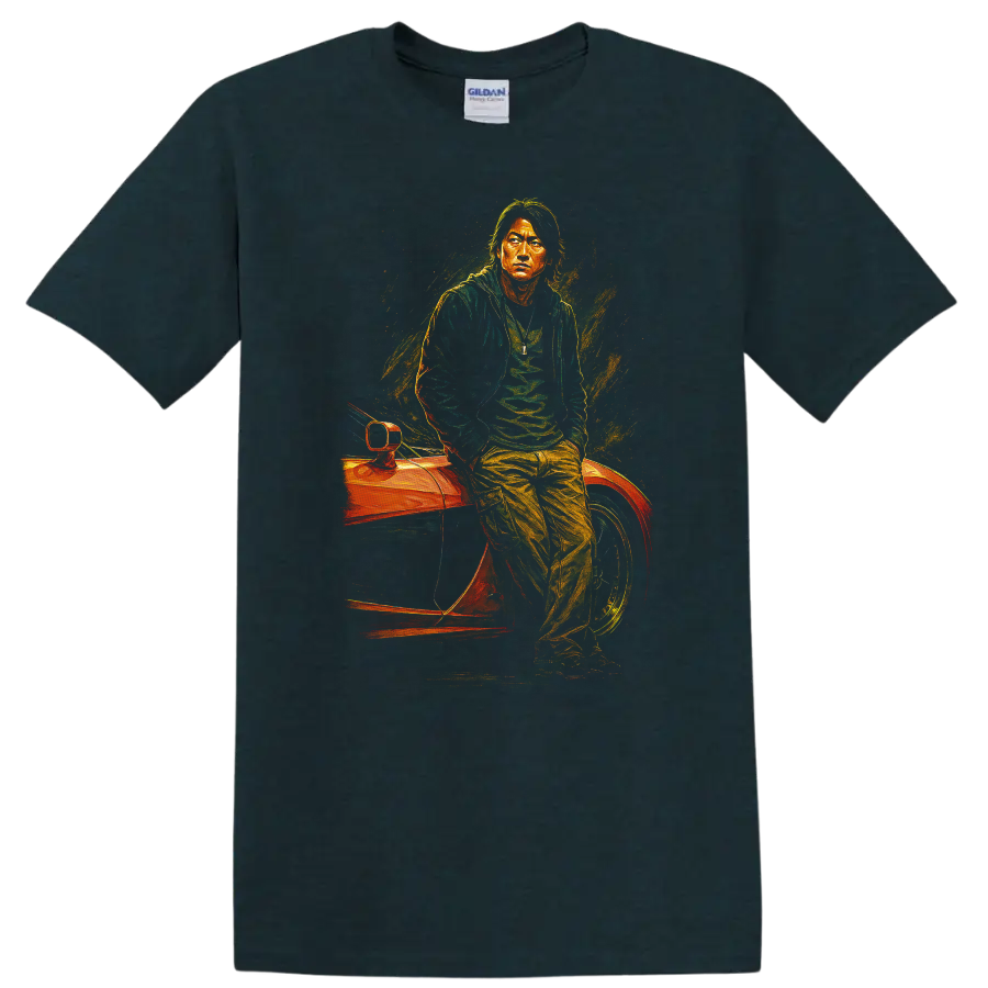 Neon street racing portrait inspired by The Fast and the Furious Tokyo Drift T Shirt on a Midnight (Green) T Shirt