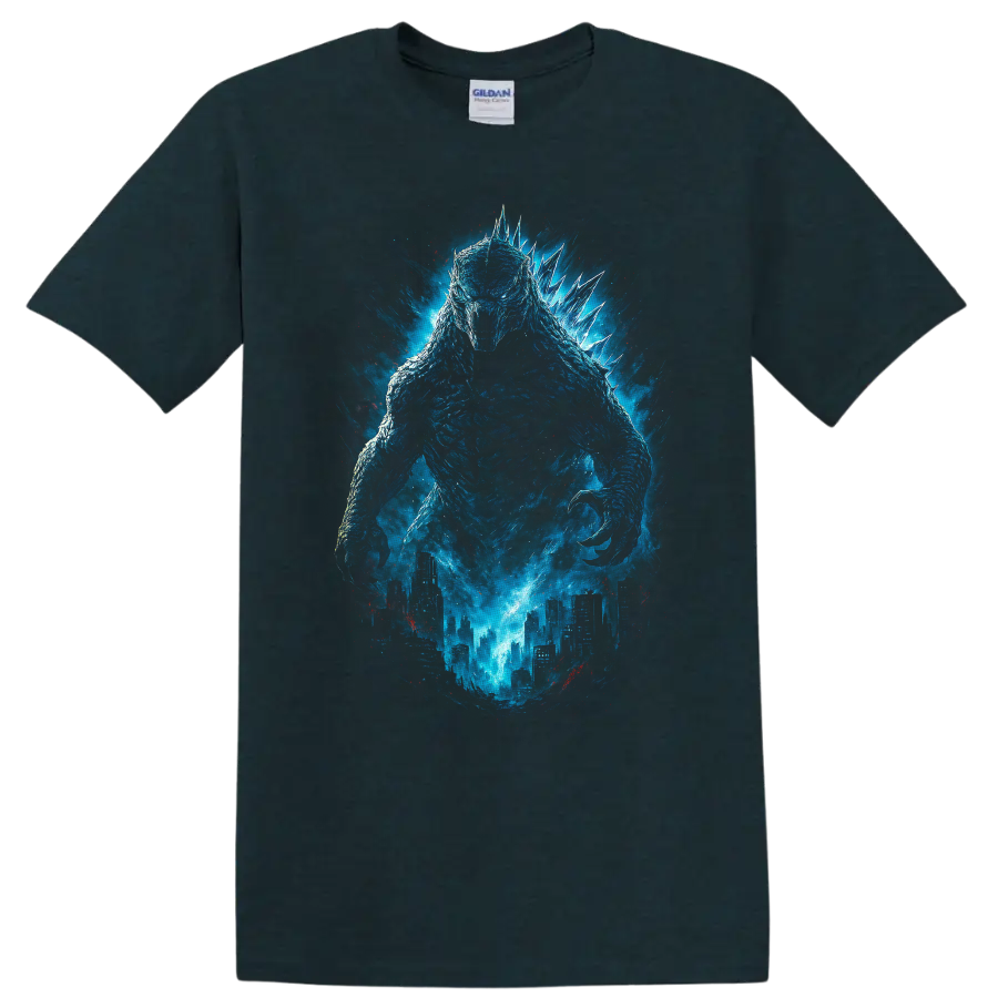 Blue Godzilla Minus One monster rising over a city with glowing energy, cinematic T-shirt on a Midnight (Green) T Shirt