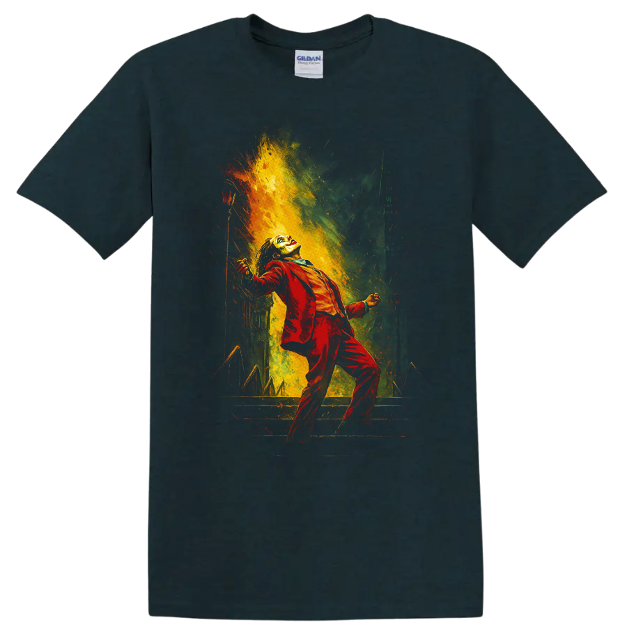 Joker in red suit with dramatic comic-style color burst graphic T shirt on a Midnight (Green) T Shirt