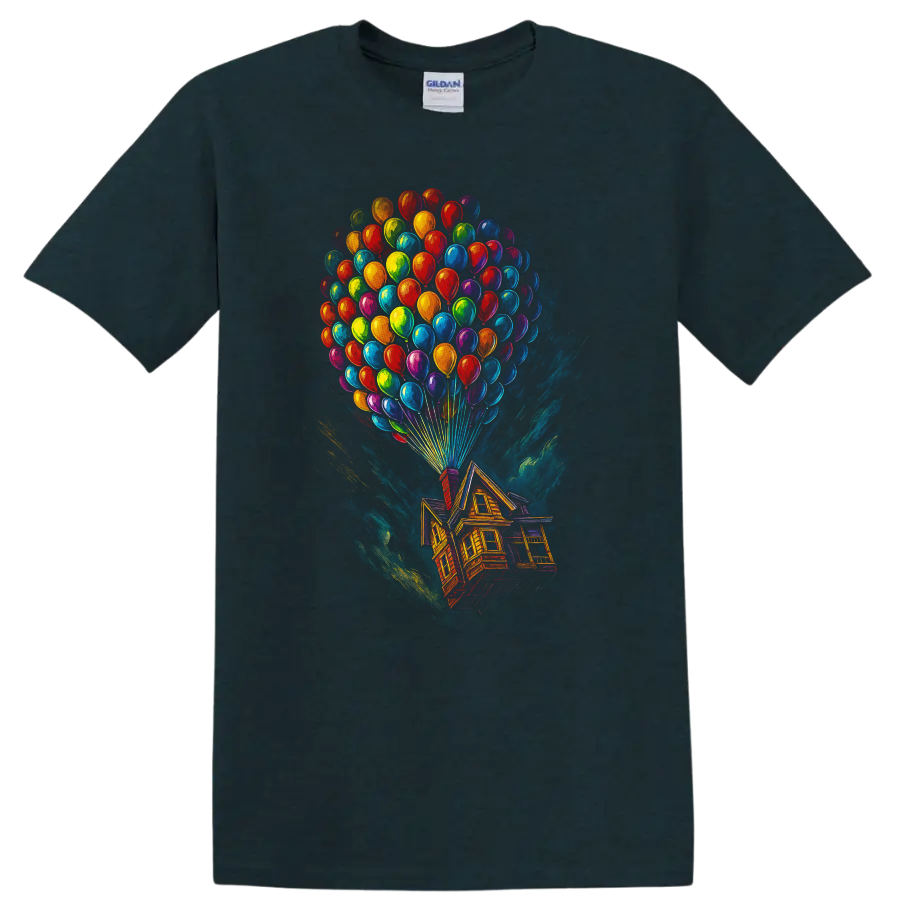 Colorful floating house and balloon movie-inspired T-shirt design on a Midnight (Green) T Shirt
