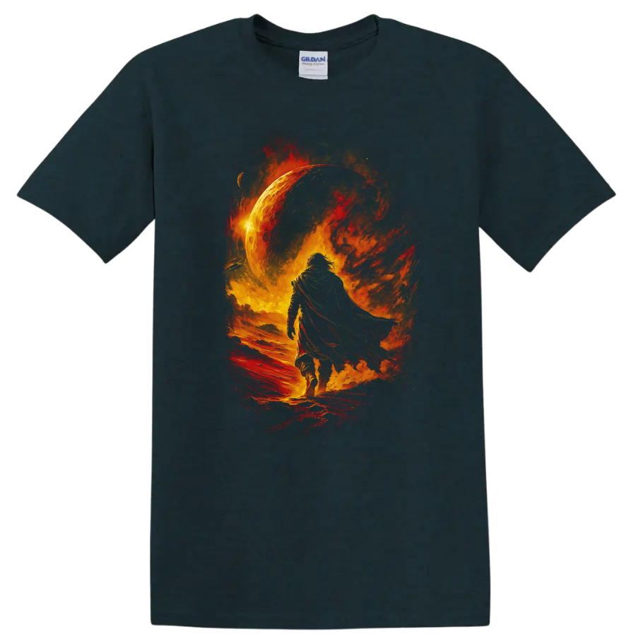 Cloaked figure walking through fiery cosmic scene with glowing planet graphic on a Midnight (Green) T Shirt