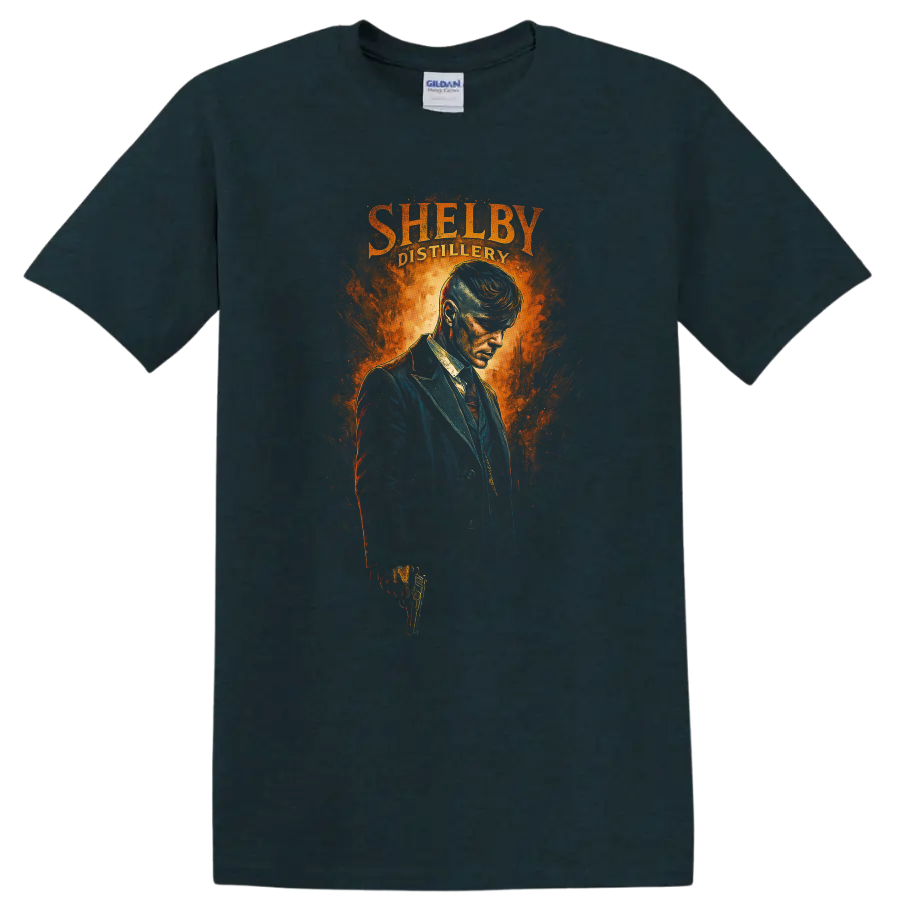 Fiery Shelby Distillery portrait artwork with man in dark suit T shirt on a Midnight (Green) T Shirt