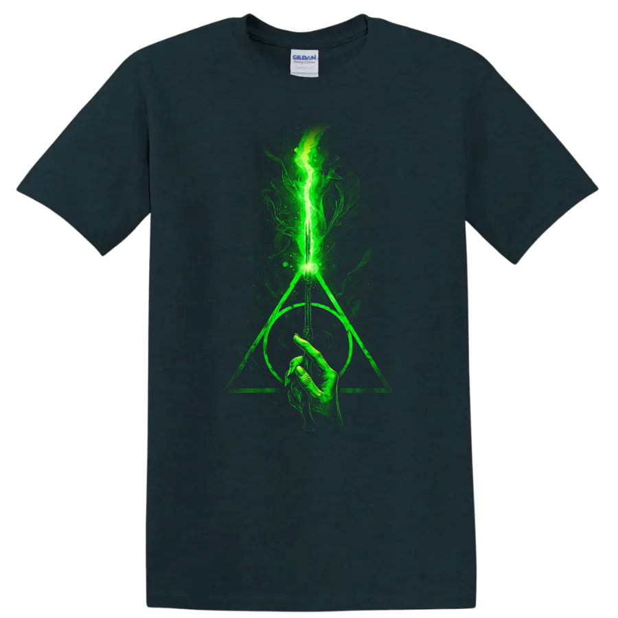 Green glowing wand with Deathly Hallows symbol and smoky flame design on black T shirt on a Midnight (Green) T Shirt