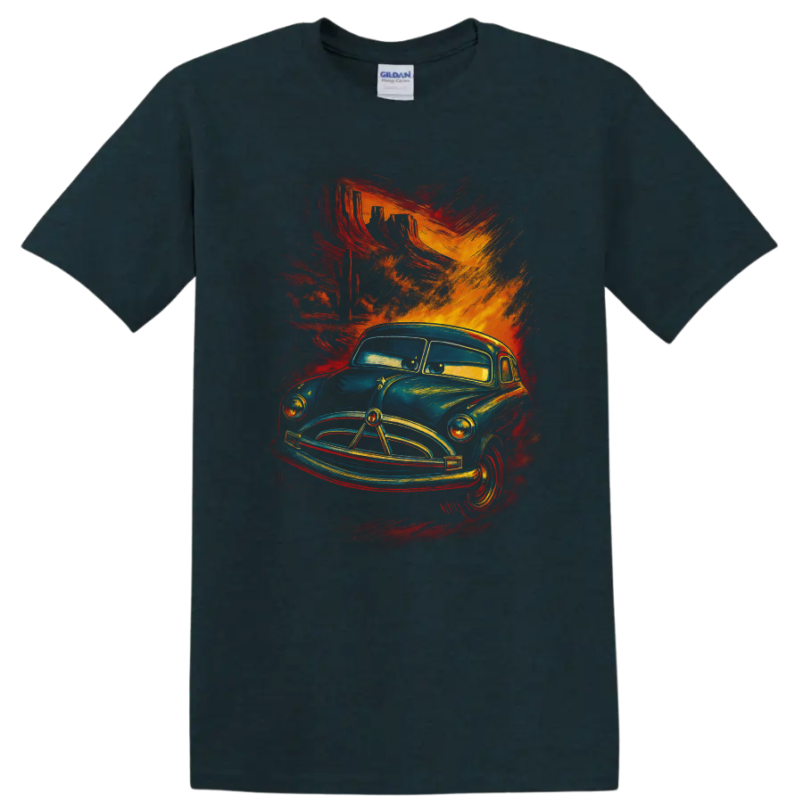 Vintage blue truck character art with fiery red orange brush strokes on a T shirt on a Midnight (Green) T Shirt