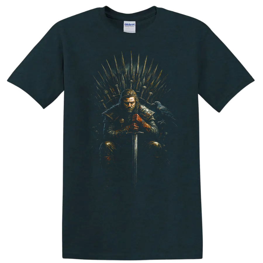 Game of Thrones warrior seated on the Iron Throne with sword and raven on a Midnight (Green) T Shirt