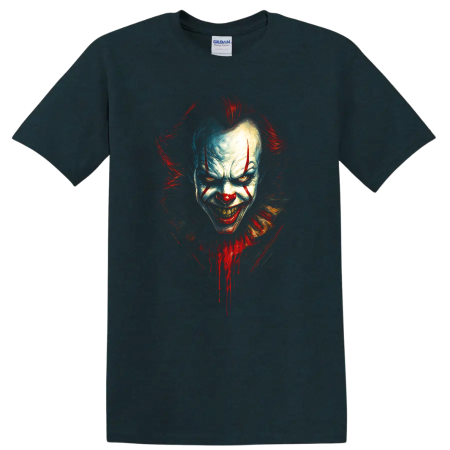 Pennywise horror clown face with red and blue paint on a black T shirt on a Midnight (Green) T Shirt