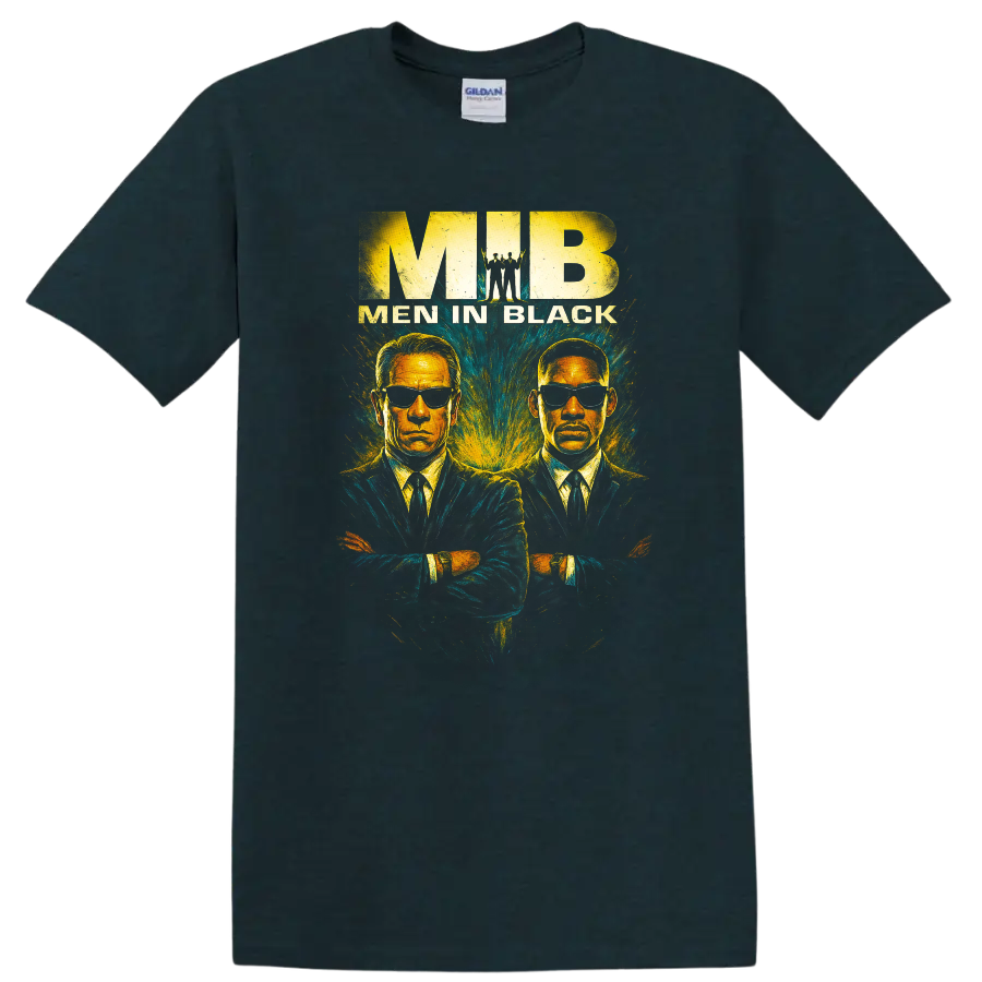 Men in Black graphic T Shirt with two suited agents in sunglasses and vintage poster style on a Midnight (Green) T Shirt