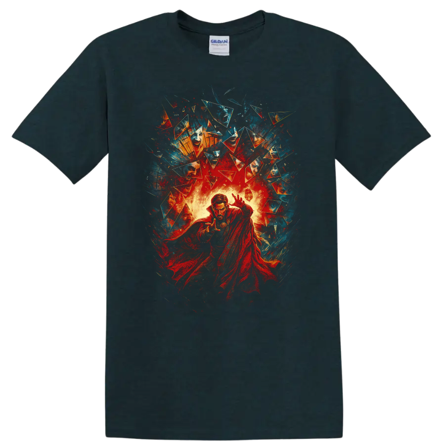 Doctor Strange comic art with magical energy and shattered fragments on a T Shirt on a Midnight (Green) T Shirt