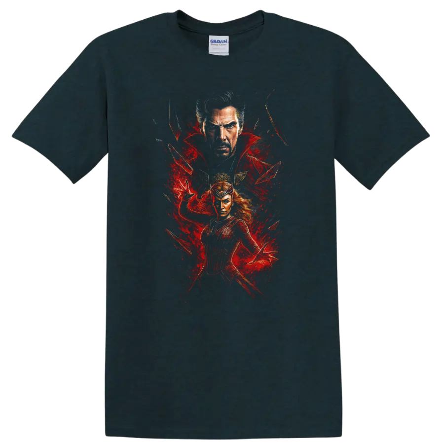 Doctor Strange and Scarlet Witch red comic art T-shirt on a Midnight (Green) T Shirt