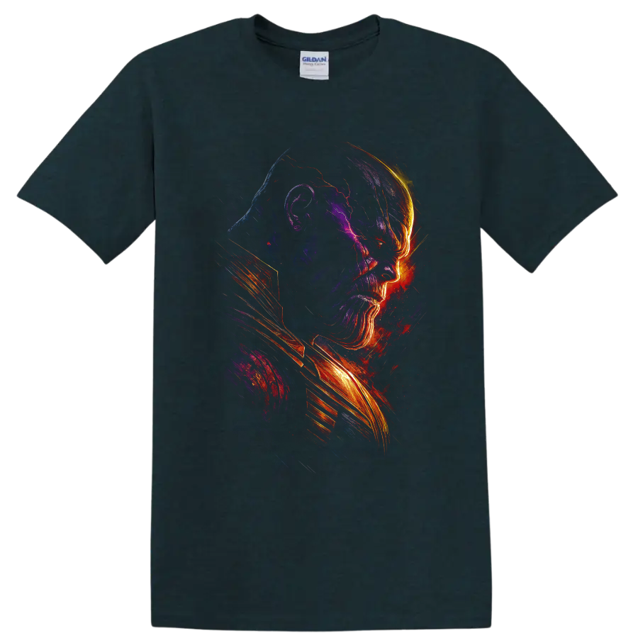 Thanos side-profile cosmic rage neon graphic T shirt on a Midnight (Green) T Shirt