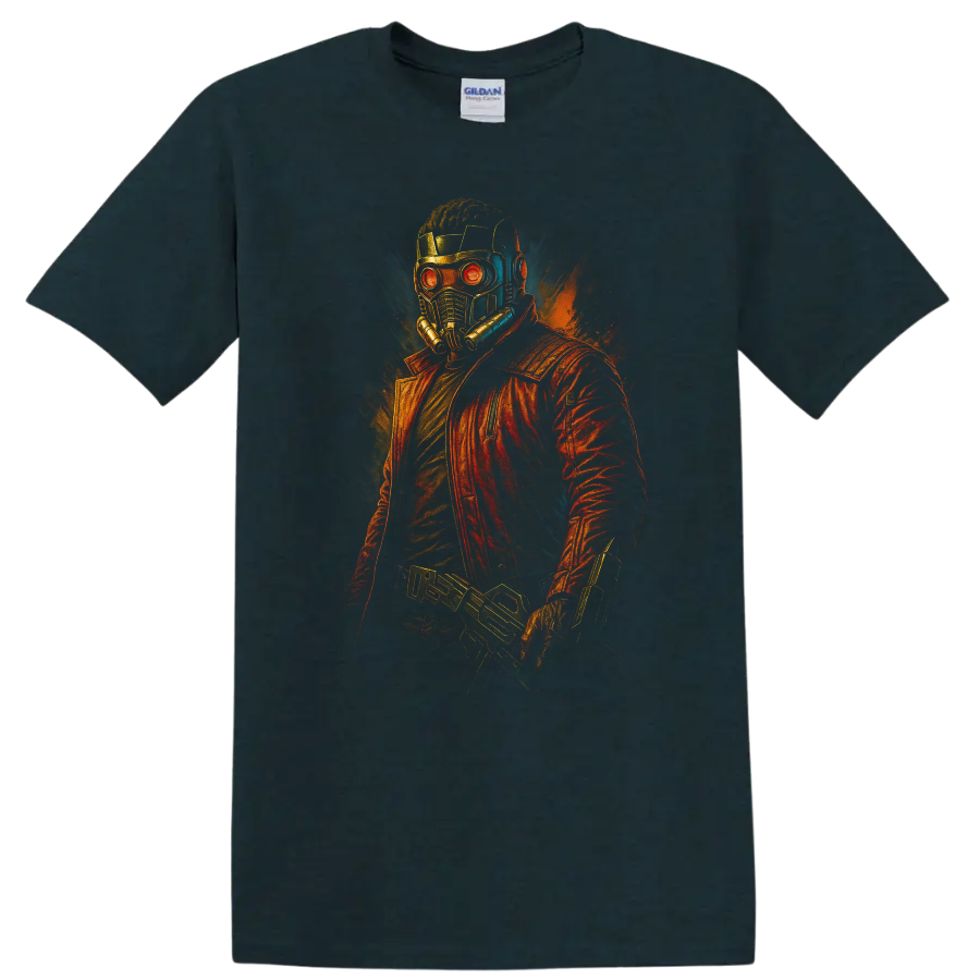 Guardians of the Galaxy inspired Star-Lord helmet and red jacket neon comic T shirt on a Midnight (Green) T Shirt