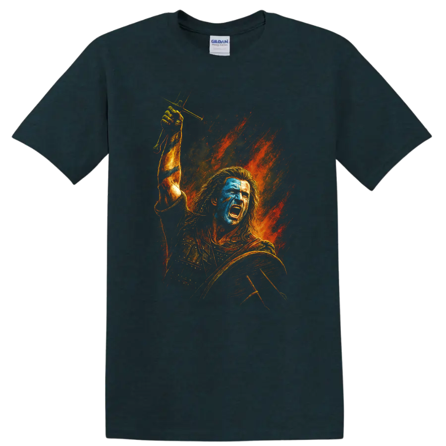 Braveheart-inspired warrior battle cry artwork with fiery background on T shirt on a Midnight (Green) T Shirt