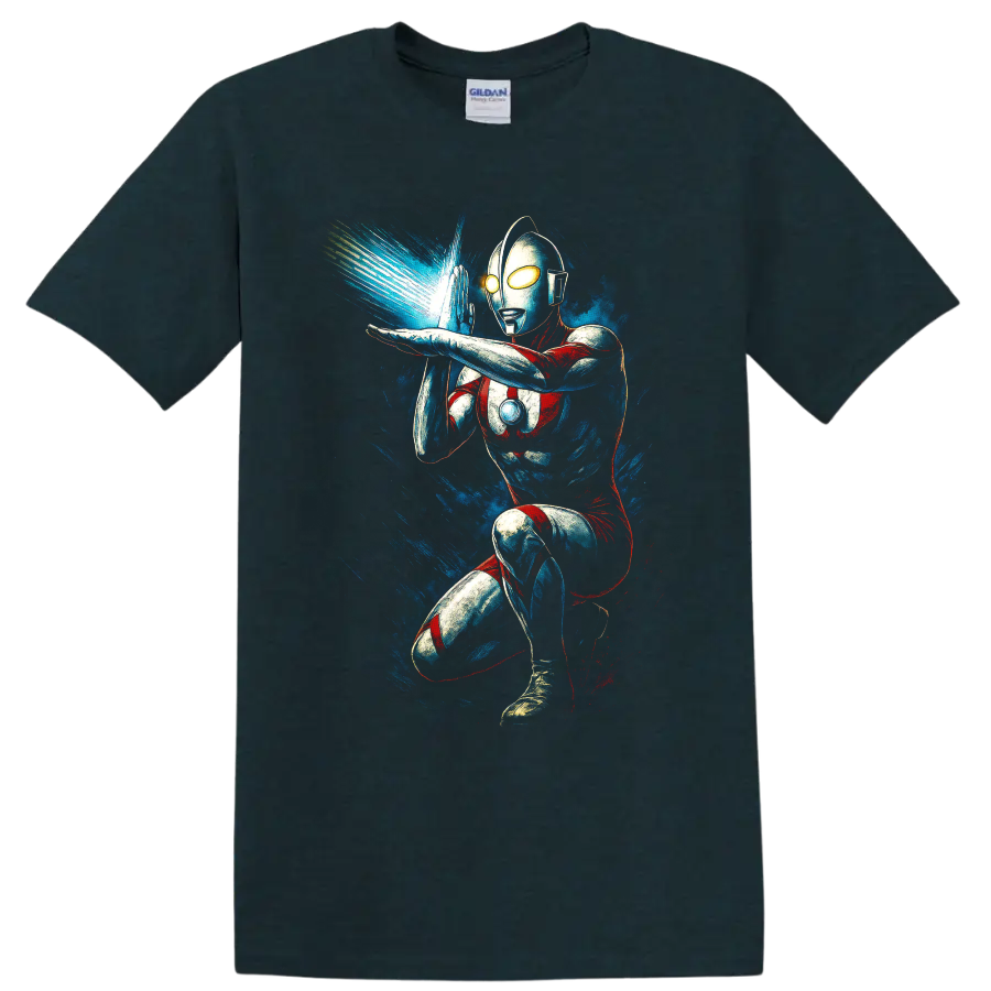Ultraman action pose with blue energy blast retro comic style T shirt on a Midnight (Green) T Shirt