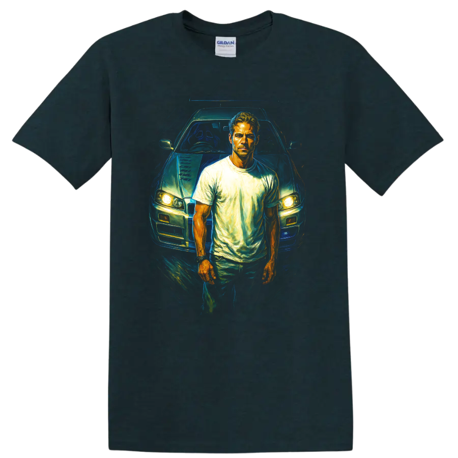 Fast and Furious inspired driver standing in front of a car graphic T shirt on a Midnight (Green) T Shirt